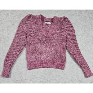 Loft V Neck Sweater, Puff Sleeve, Ribbed Hems, Pink, Cotton Blend, Womens Sz XXS
